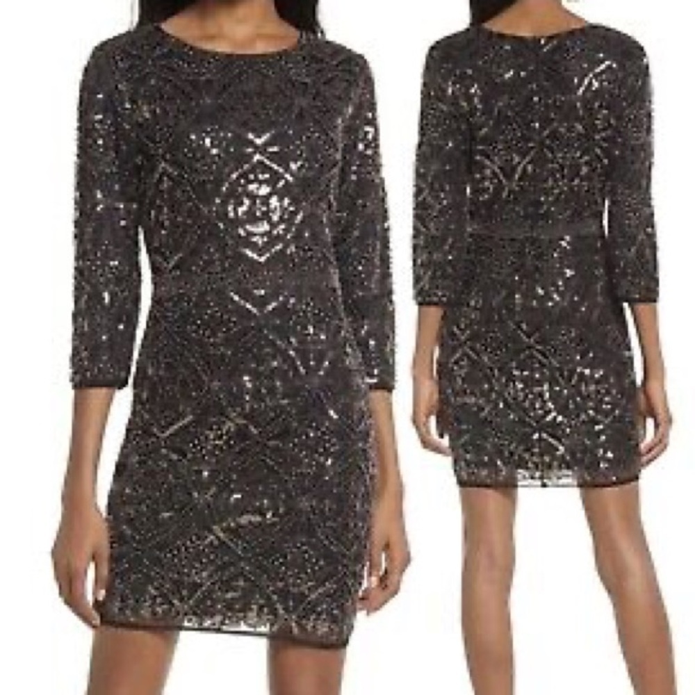 Black and Gold Beaded Lulus Bright Night 3/4 Sleeve Dress Size S